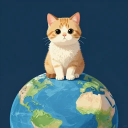 An illustration of a fuzzy picky face kitten sitting on the top of planet earth, digital art, in the style of Norman Rockwell