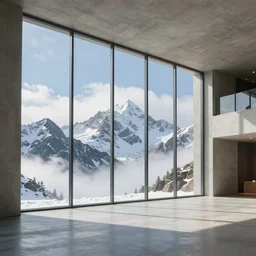 extremely beautiful softly lit interior photo of a remote futuristic concrete monastery interior with floor to ceiling windows, black snowy mountains in the distance with white clouds, fog, sharp focus, clear focus, beautiful, award winning architecture, hopeful, quiet, calm, serene, extremely beautiful lighting, cinematic composition by dennis villeneuve, christopher nolan, frank lloyd wright, modern, render, architectural, architecture, realistic, clear