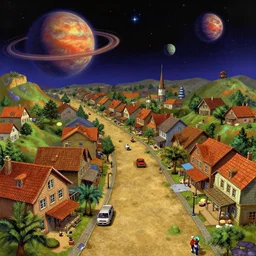 the main street in a small colony on a strange planet, from a Lucasarts graphic adventure game made in 1995