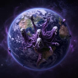 screaming planet earth, cosmic horror, ghostly, intricate, photo real, hyperrealism, unreal engine 5, raytracing, in the style of simon bisley and richard corben, ultraviolet colors,