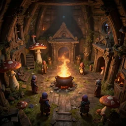 Interior of a witches hut, 3d scene, render, ultra realistic, zenith view, Greg Rutkowski, artstation, cgsociety, level design, unreal engine mushroom goblin sweeps floor, cauldron boils over, 3d scene, render, ultra realistic, zenith view, Enki Bilal style