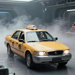 still photo from the movie the fifth element, bruce willis, futuristic taxi, full body, far future, sharp focus, highly detailed, trending on artstation, intricate, cinematic composition, fog volume, octane