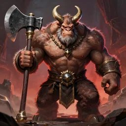 huge smug minotaur wearing a great - axe menacing aura