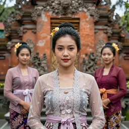 portrait of lindsey pelas and her friends wearing kebaya in bali temple, by charlotte grimm, natural light, detailed face, beautiful features, symmetrical, canon eos c 3 0 0, ƒ 1. 8, 3 5 mm, 8 k, medium - format print, half body shot