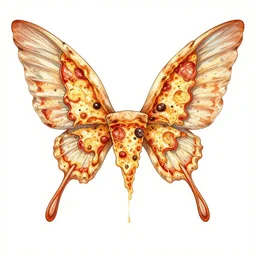 a fairy, symmetrical wings made of pizza slices, style of by Jordan Grimmer and greg rutkowski, crisp lines and color,