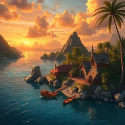 a little fisher fantasy village on a tropical island, scenic view, sunset, matte painting by marc simonetti and rhads and donato giancola, trending on artstation