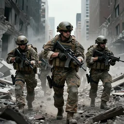 masterpiece Squad of American soldiers moving cautiously with their guns up through the ruins of New York City, intense, 8k, cinematic, warfare, art by Greg Rutkowski, ray tracing