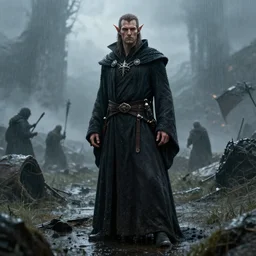 ( ( ( ( ( hyperrealist distant portrait of an male dark elf in wizard robes on a rainy battlefield. ) ) ) ) ) by daniel f. gerhartz and matt stewart, fantasy, photorealistic, octane render, unreal engine, dynamic lighting, bet face, handsome drow, beautiful, perfect factions, perfect drow, trending on artstation, poster, volumetric lighting, very detailed faces, 4 k, award winning