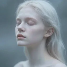 out of focus photorealistic portrait of a beautiful!!! aesthetic!!! pale young woman by sarah moon and john william waterhouse, very blurry, translucent white skin, closed eyes, foggy