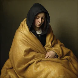 a woman wrapped in a blanket, lounging, wearing a hood over her face, by jan van eyck,