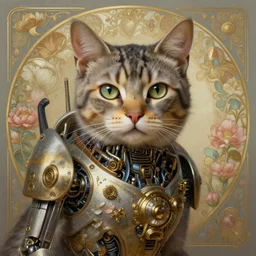 portrait of a cat, robot steampunk, floral! horizon zero dawn machine, intricate, elegant, highly detailed, ray tracing, digital painting, artstation, concept art, smooth, sharp focus, illustration, art by artgerm and greg rutkowski and alphonse mucha, 8 k