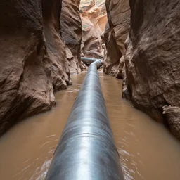 metallic pipeline going through a flooded canyon, matte painting, artstation
