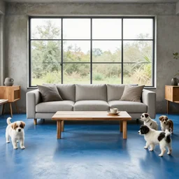 hyper realistic image of a living room with a sofa in the middle and large window behind, blue oxide flooring, concrete, glass, wood, puppies everywhere