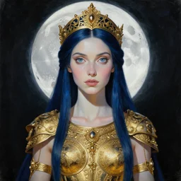 painting of slim priestess of the moon, golden filigree armor and tiara, moon above head, dark blue straight hair, smooth translucent skin, wide striking eyes, beautiful! coherent! by brom, by brian froud, by john anster fitzgerald, strong line, high contrast, muted color, 4 k, trending on artstation