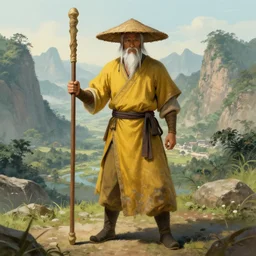 a chinese battle monk, wearing a faded dark yellow toga, straw hat, holding a long wooden staff that is perpendicular to the floor, long white beard, in the background a beautiful valley with mountains, full body shown, highly detailed, fantastical, drawn in the style of marc simonetti
