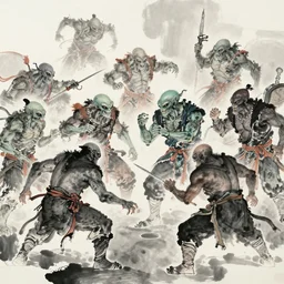 many alien monsters are fighting with chinese immortals, traditional chinese ink painting, stable diffusion.