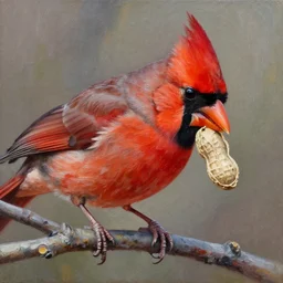 a close - up of a cardinal on a branch, eating a peanut, intricate, highly detailed, 8 k. palette knife oil painting on canvas by leonid afremov.