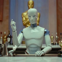 a still from a cyberpunk movie of a porcelain automata bartender, color grading, film, oscar, a 2 4, stanley kubrick, wes anderson