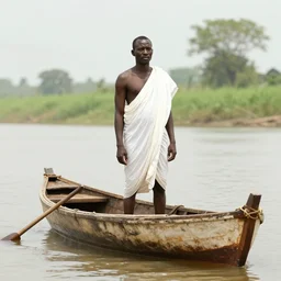 movie still by djibril diop mambety of a man in white drapery in a flesh barque on a river next to a spherical high - rise, leica sl 2 5 0 mm, heavy grain, high quality, high detail