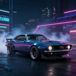 widebody audi camaro b 1 ( 1 9 6 9 ), need for speed : carbon, at night, sci - fi, neon lines, phonk music background, smoke behind wheels, noise, dark, establishing shot, by simon stalenhag