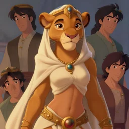 beautiful portrait of a female anthropomorphic lioness fursona arabian princess. exposed midriff and visible abs. character design by disney, charlie bowater, ross tran, artgerm, and makoto shinkai, detailed, soft lighting, rendered in octane