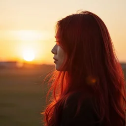 picture of woman in the sunset, long hair, red head, golden hour, high depth of field, zoom, 4 k