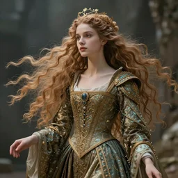 beautiful delicate young medieval queen by magali villeneuve, iris van herpen, james jean, flowing hair, visionary, symbolist, ornate garments, beautifully lit
