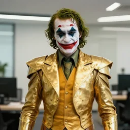 professional portrait of the joker wearing golden armor in an office, 8 k, intricate, detailed,