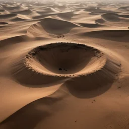 a photo of a round dark crater in a desert surrounded by sand dunes that resemble an iris