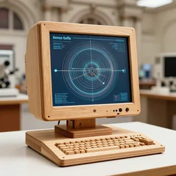 realistic photo of a scientific model of perfect computer made of wood, front view, 1 9 9 0, life magazine reportage photo, metropolitan museum photo