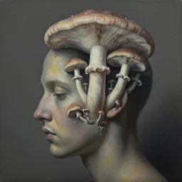 abstract fungus growing out of my head, muted colors, highly detailed surrealist painting, by michael divine by yvonne mcgillivray by michael divine by mandy jurgens by michael divine, moody color palette, very very very beautiful,