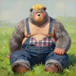 blushing bear man chubby sumo anthro, blonde hair tuff on head, grey fur, country bears by marc davis guy davis wearing overalls flannel posing seductive, sitting in grass, style in akihito tsukashi oil painting by titan
