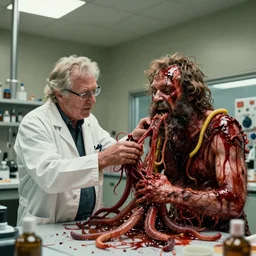 filmic extreme wide shot movie still 4 k uhd interior 3 5 mm film color photograph of a hairy bearded man covered in blood and yellow worms grabbing a scientist in the lab coat with his teeth and melting his tentacles into him in a break room in a research lab in the style of the horror film the thing 1 9 8 2