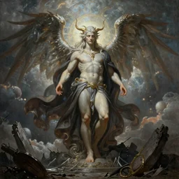 A stunning, breathtaking, awe-inspiring, award-winning, ground breaking, concept art nouveau painting of Lucifer standing tall  invincible over the remains of Heaven, by Michelangelo, dark fantasy, exquisite, intricate, dramatic, hyperrealistic, atmospheric, cinematic, trending on ArtStation , 8k