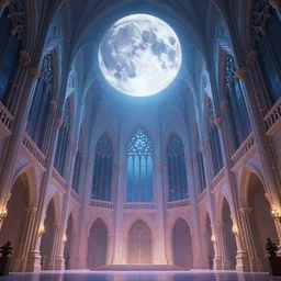 large gothic hall with large moon on the ceiling, cyber space, soft light, artstation, detailed, colorfull