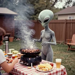 vintage photograph, grey alien at a 9 0 s era backyard barbeque, faded, grainy,