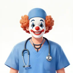 a drawing of a clown with a stethoscope and light blue blue surgical scrubs, a character portrait, trending on deviantart, neoplasticism, creepypasta, freakshow, macabre, white background