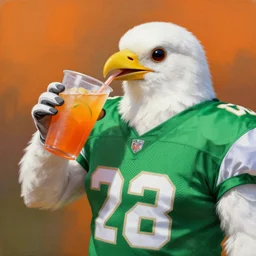 realistic painting, a white feathered bird wearing an american football jersey, drinking kumboucha, orange and green color scheme, vivid colors, octane render