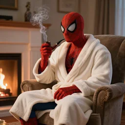 in a cozy room sits on an armchair by the fireplace spider man in a bathrobe and holds a smoking pipe in his hands, realistic light, soft light, focus, depth of field, photorealism, 8 k quality, high quality, realistic style