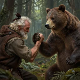 old man, in the woods, arm wrestling, a bear, deep focus, d & d, fantasy, intricate, elegant, highly detailed, digital painting, artstation, concept art, matte, sharp focus, illustration, hearthstone, art by artgerm and greg rutkowski and alphonse mucha