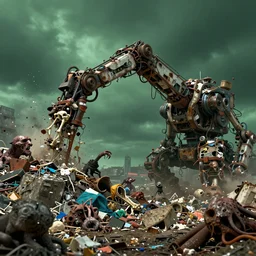 a giant machine made of rubbish with long arms devours other small creatures made of rubbish in a rubbish heap, under a dark green sky in the distance, bones, corpses, monsters, rusted steel, solid concrete, hell, distorted, creepy, by dan seagrave, imax quality, cinematic photography, cinematic, ue 5, realistic, highly - detailed, sci - fi