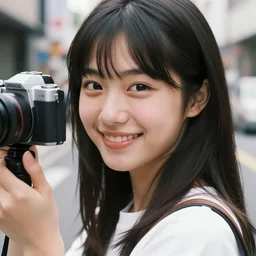 90's Japanese photo, close up, a girl smile for cam on the street, Professional Photography