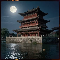 kodak portra 4 0 0 photographic and realistic, ultra detailed ancien chinese tower, temple, night, moonlight, detailed, octane render, unreal engine, 4 k, artstation, hyper realistic, wide angle, floor flooded, how a river, objects that float, 3 5 mm, sharp focus, soft light, volumetric light, in the style of gregory crewdson