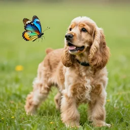 a light brown english cocker spaniel and a multicolored butterfly, in a field, photo realistic, digital art