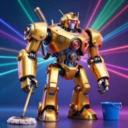 portrait photo of a giant huge golden and blue metal humanoid steampunk robot cleaner robot, with gears and tubes, on the floor are mop and bucket, eyes are glowing red lightbulbs, shiny crisp finish, 3 d render, 8 k, insaneley detailed, fluorescent colors, background is multicolored lasershow