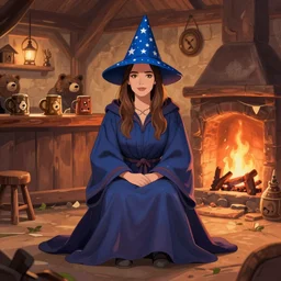kate beckinsale weared in mage robe and cone hat blue with stars, sit in fantasy tavern near fireplace, behind bar deck with bear mugs, medieval dnd, colorfull digital fantasy art, 4k