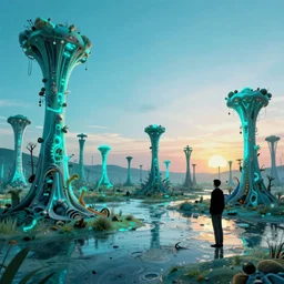 extraterrestrial wetland landscape with organic towers, neon cyan sunset, Unreal Engine 5, digital art by Liam Wong
