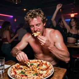 prince andrew dancing in a nightclub eating pizza, sweaty, wide angle, 14mm
