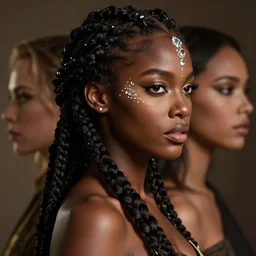 fancy side portrait concept art of a gorgeous dark skinned goddess with decorated braided hair and crystals on her cheeks and forehead, by wlop and Ross Tran and sam yang and mandy jurgens and viktoria gavrilenko, identical eyes, gazing eyes, stunning, gorgeous, beautiful eyes medium shot, elegant pose, fantasy, featured on artstation, cinematic lighting, hyperdetailed, cgsociety, 8k, golden ratio, vfx, dramatic, alluring