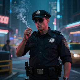 a cop in a futuristic cyber punk like city that is investigating a crime while smoking a cigarette